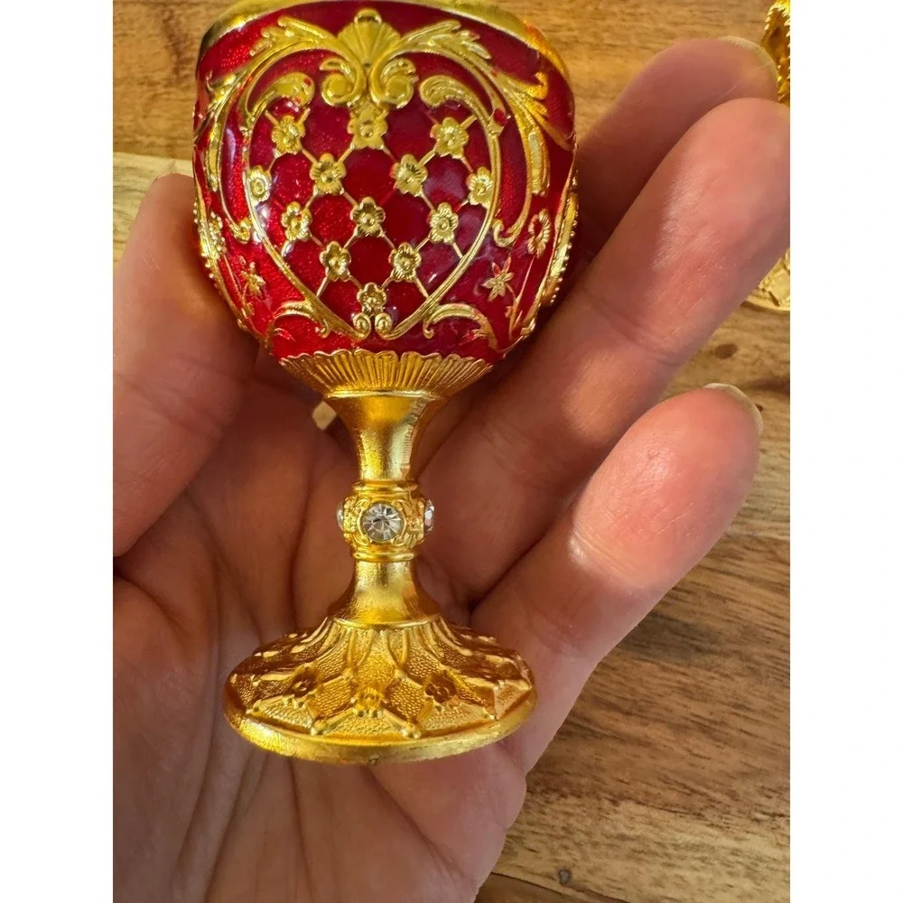 Vintage Ornate Mini Chalice Set 4 Small Gold Red Baroque Filigree Rhinestone 3in